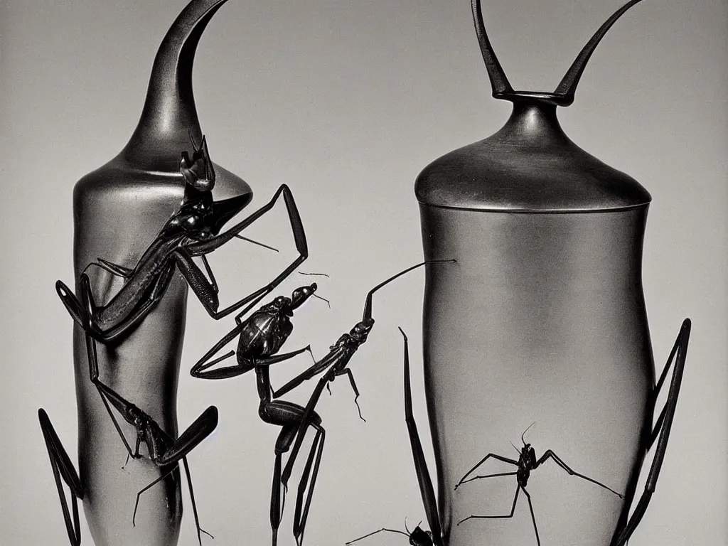 Image similar to sculpted artistic gothic candle amphora in the shape of a praying mantis. karl blossfeldt, salvador dali