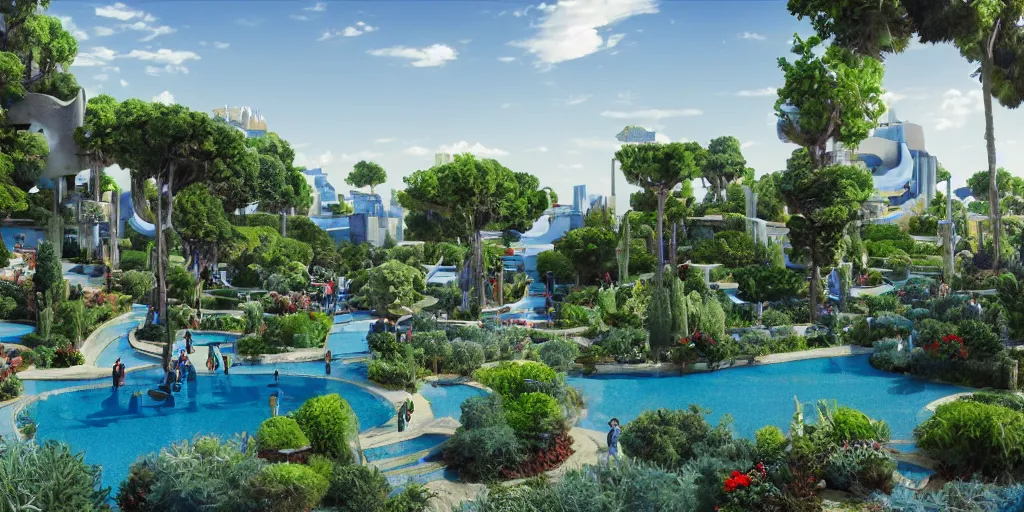Prompt: verdant Mediterranean garden based on the design of carlo scarpa in a megacity made of travertine temples, a crowd wearing blue robes in the foreground, aztec starship in the sky, sci-fi, light blue sky with clouds, dramatic matte painting, style by syd mead, 8k, octane render, photorealistic, hyperrealism