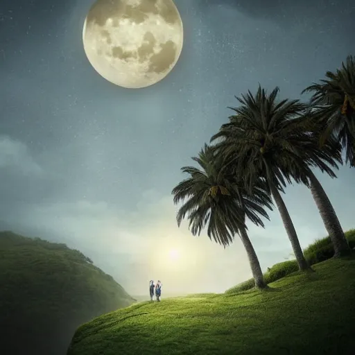 Prompt: a castle in the sky on a magical hill surrounded by giant palm trees, giant moon in the sky, cinematic, digital art by erik johansson, 8 k resolution, hyper detailed, sharp focus