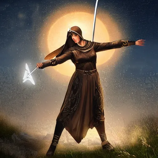 Image similar to A celtic-looking valkyrie nun wearing lightweight armor and wielding a splinter sword, at night, with a flame arrow rain on the background, award-winning digital art