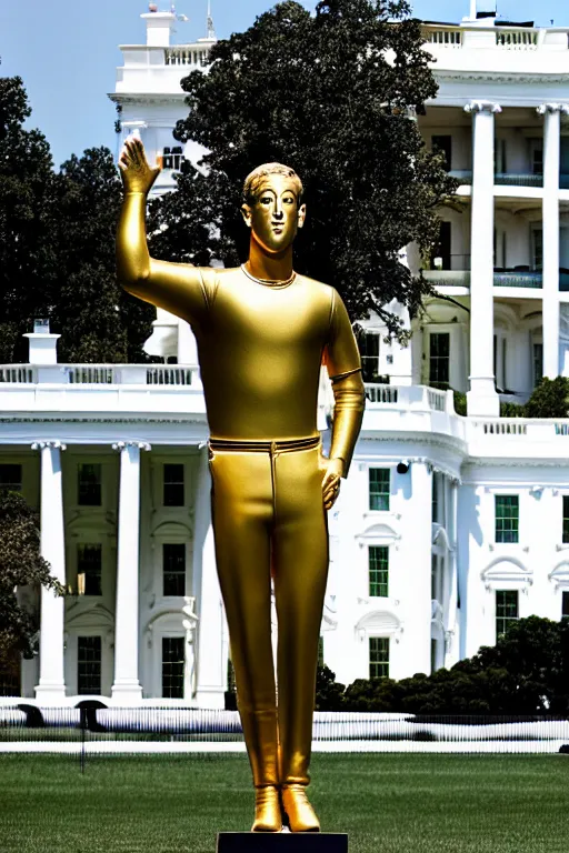 Image similar to A beautiful gold statue of Mark Zuckerberg in front of the White House, photo by Steve McCurry, heroic pose, detailed, smooth, smiling, professional photographer