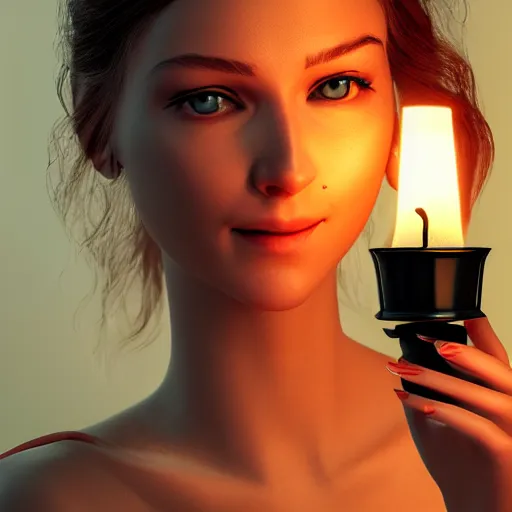 Image similar to portrait of a feminine young woman holding a lit candle, fragile, soft, vray, hyperdetailed, 3d character, game character