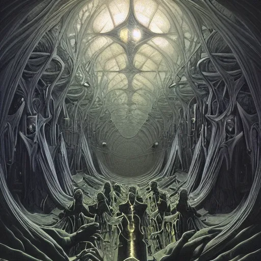 Prompt: a dark cabal of hooded mystics in long robes gathered in a circular formation around a highly advanced machine processing the spirit of a dying man, dan seagrave art, michael whelan