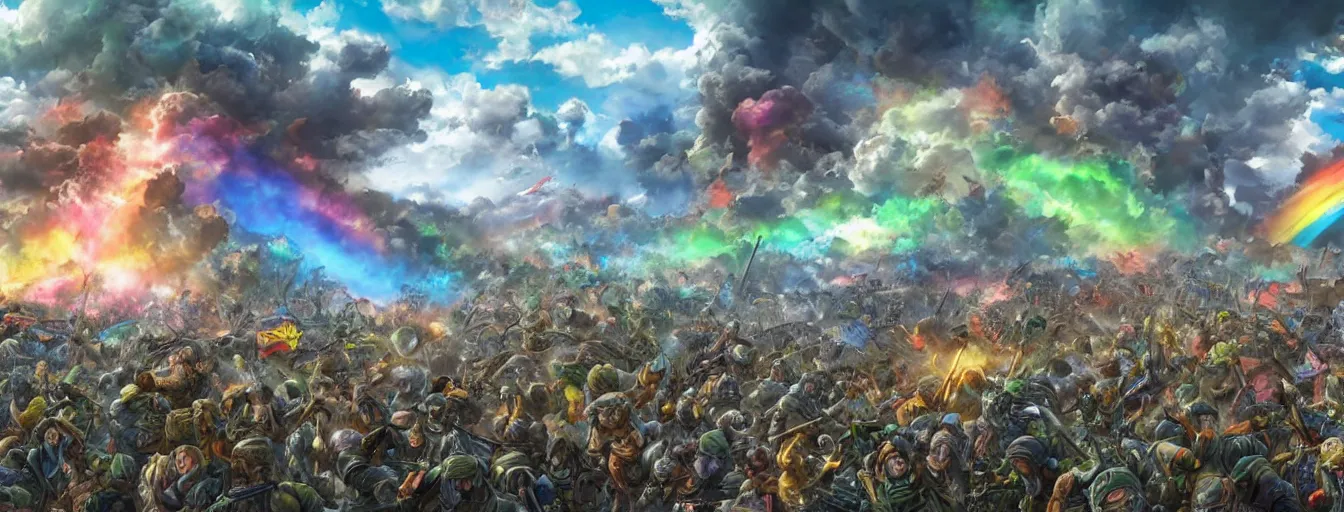 Prompt: a zoomed out panoramic view an army of rainbow soul army calvary screaming into the battlefield. hyperrealistic anime background illustration by kim jung gi, colorful, extremely detailed intricate linework, smooth, super sharp focus, bright colors, high contrast, matte, octopath traveler, unreal engine 5 highly rendered, global illumination, radiant light