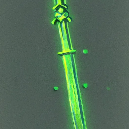 Image similar to Oil painting concept art of a magical acid sword glowing bright green, very intricate hilt, green color scheme, highly detailed concept art.