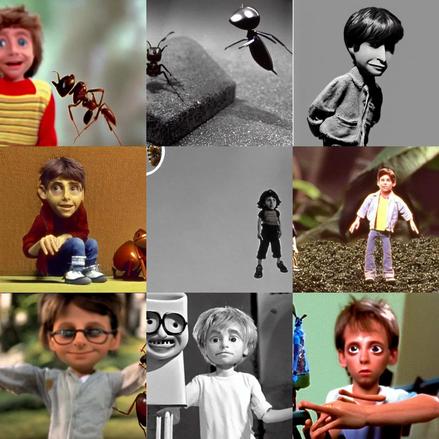Prompt: A tiny shrunken man posing next to an ant, film still from 'Honey, I Shrunk the Kids'