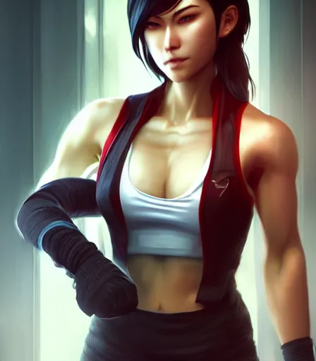 Prompt: beautiful portrait of a gorgeous personal trainer who looks like Ada Wong , character design by charlie bowater, ross tran, artgerm, and makoto shinkai, detailed, soft lighting, rendered in octane