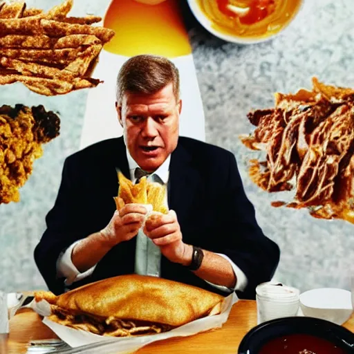 Prompt: film still of Klaus Iohannis eating a Shawarma, 4k remastered, criterion collection