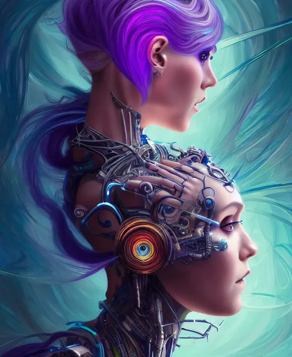 Image similar to a whirlwind of souls rushing inside the metaverse, half body, jewelry, fashionable haircut, pharaoh, android, cyborg, cyberpunk face, by loish, d & d, fantasy, intricate, elegant, highly detailed, colorful, vivid color, digital painting, artstation, concept art, art by artgerm and greg rutkowski and alphonse mucha