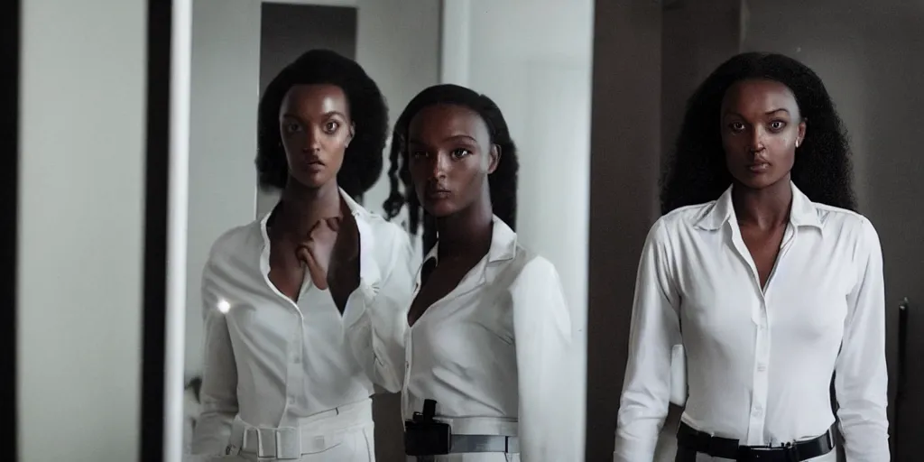 Image similar to ultra wide angle photo of jodie turner - smith dressed in a white blouse and black dress pants as diana prince looking at herself in a bathroom mirror and seeing her reflection as wonder woman