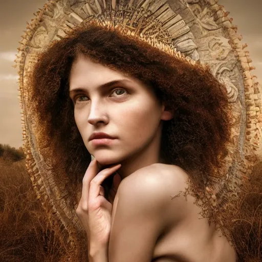 Image similar to photo portrait of a beautiful pagan female, depth of field, zeiss lens, detailed, symmetrical, centered, by edward robert hughes, annie leibovitz and steve mccurry, david lazar, jimmy nelsson, breathtaking, 8 k resolution, extremely detailed, beautiful, establishing shot, artistic, hyperrealistic, beautiful face, octane render