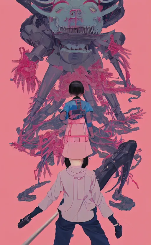 Image similar to Artwork by James Jean, Phil noto and hiyao Miyazaki ; a young Japanese future samurai police girl named Yoshimi battles an enormous looming evil natured carnivorous pink robot on the streets of Tokyo; Japanese shops and neon signage; crowds of people running; Art work by hiyao Miyazaki, Phil noto and James Jean