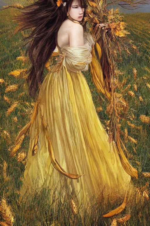 Image similar to The goddess of autumn harvest, tranquility, beautiful face, long hair, wearing wheat yellow gauze skirt, by wlop