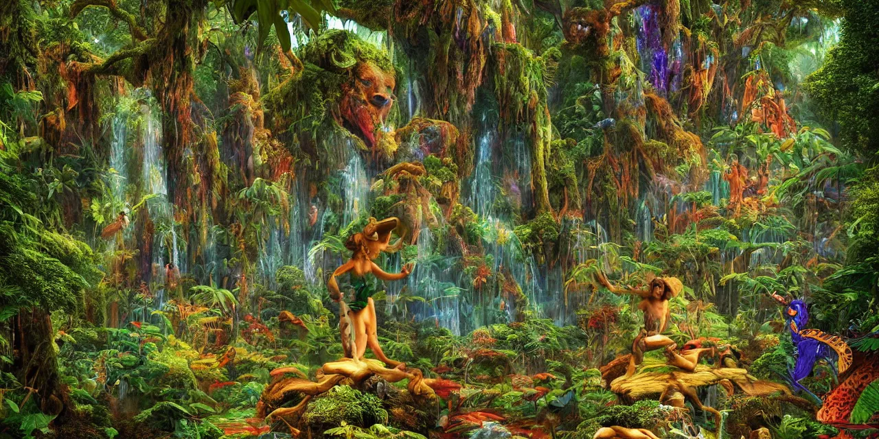 Prompt: spirit guardians of the bush in lush rainforest in wonderland dmt tripping, sacred geometry details, by jean giraud, coherent, psychedelic, hyper realism, high detail, vivid colors, octane render, unreal engine, 8 k, smooth gradients, high contrast, depth of field by jacek yerka