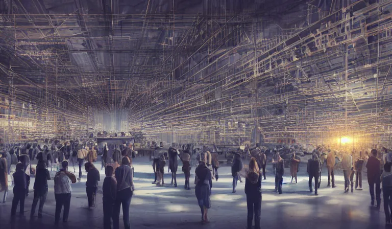 Prompt: large group people in simple warehouse, looking at hologram of futuristic city on a table, cinematic concept art, godrays, golden hour, natural sunlight, 4 k, clear details, tabletop model buildings, center model buildings, hologram center, crane shot, crane shot, crane shot