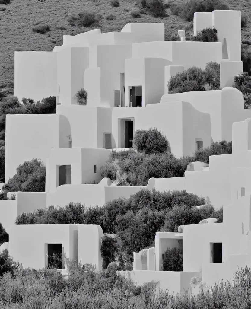 Image similar to 35mm photography of a single white greek isles house in the style of alex grey, minimalism