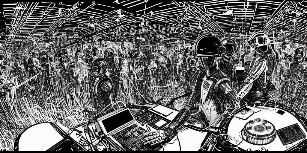 Prompt: intricate detailed artwork of 2 Daft Punk robot rock using dj controller at an underground warehouse rave in Ibiza, playing techno house music, thousands of beautiful girls in bikini dancing, in the style of Moebius, wires, speakers, black and white ink, some ink drips