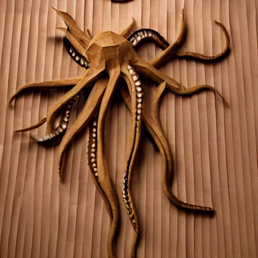 Image similar to cardboard cutout of tentacles, cut out of corrugated cardboard, realistic, cardboard cutout, flat, hyperrealistic photography