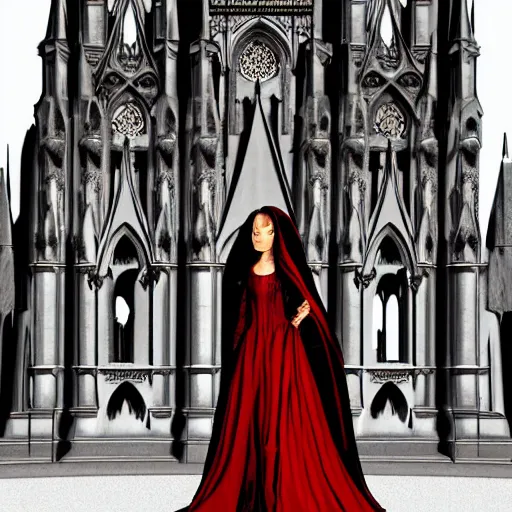 Image similar to movie shot, landcape, architectural shot, no decaying lines, background of an alabaster gothic cathedral, with long ephimeral windows with reflection of red flames, as subject a gothic woman with an intricate arabesque detailed black dressed, macro head face