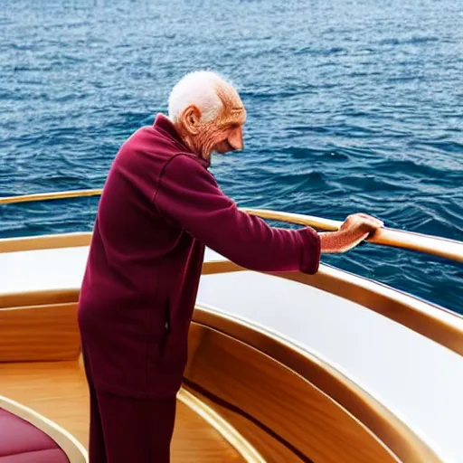 Image similar to wrinkled hunchbacked old man in musty burgundy suit, polishing painting the side of a huge gold plated mega yacht with a cloth, maintenance photo