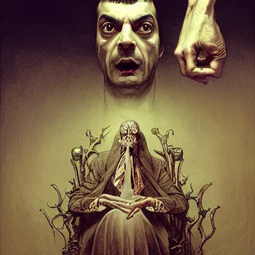 Prompt: A sensual Satanic Mr. Bean, fullbody, psychedelic, intricate, horror, highly detailed, artstation, concept art, smooth, sharp focus, illustration, art by greg rutkowski and orientalism and bouguereau and Zdzislaw Beksinski, good clear quality, lighting, horror, evil, biology, symmetrical artwork, perfect face, 135 mm, cinematic, hyper realism, high detail, octane render, 8k, chrome accents