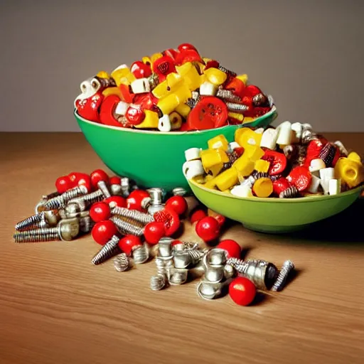 Prompt: a vibrant still life photograph of a bowl of milk with bolts and screws and nuts instead of cereal, kodak portra, studio lighting, f 1. 8, gastronomica magazine