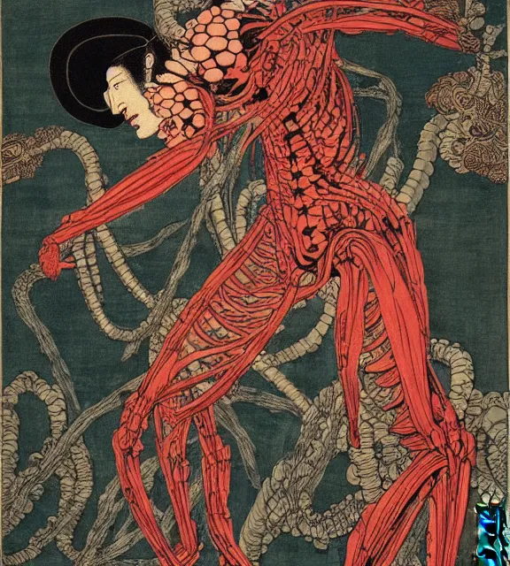 Prompt: still frame from Prometheus by utagawa kuniyoshi by giger, crimson filament mycelium cybernetic harvest goddess in dress designed by Neri Oxman and alexander mcqueen, metal couture haute couture editorial