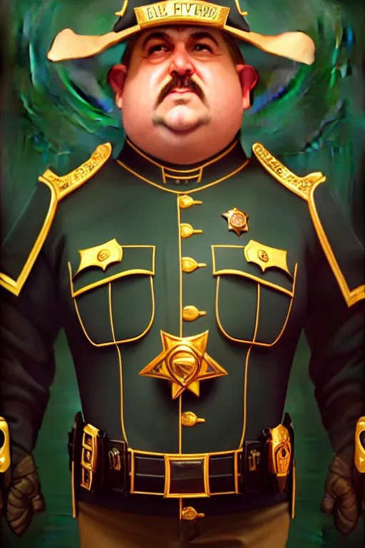 Image similar to a shifty fat high elf mall cop with a sheriff's badge, Oil Painting, hyperrealistic, octane render, Detailed Digital Art, RPG portrait, 3/4 bust, William-Adolphe Bouguereau, Michael Cheval, dynamic lighting, Highly Detailed, Cinematic Lighting, 8k, HD