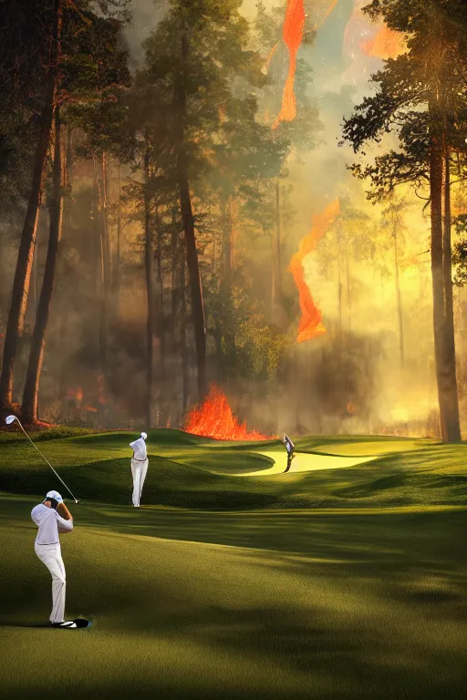 Image similar to golf players on a lush golf course surrended by forests on fire, digital painting, 4k, rays of light, particles light, by sasha kalinkin