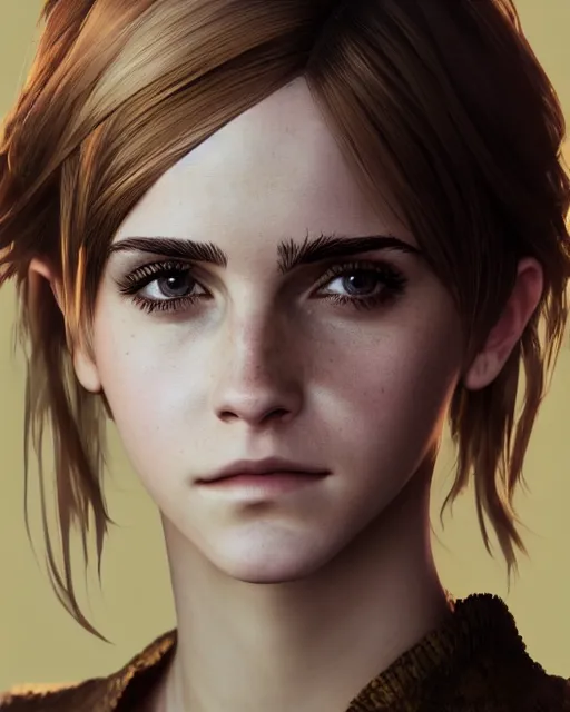 Image similar to final fantasy portrait of emma watson, au naturel, hyper detailed, digital art, trending in artstation, cinematic lighting, studio quality, smooth render, unreal engine 5 rendered, octane rendered, art style by klimt and nixeu and ian sprigger and wlop and krenz cushart.