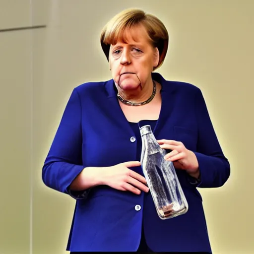 Image similar to angela merkel gopnik style, holding vodka bottle