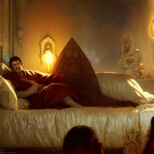 Prompt: the catholic pope in his bed, scared, because a horned shadow demon is approaching him. highly detailed painting by gaston bussiere, greg rutkowski, craig mullins 8 k