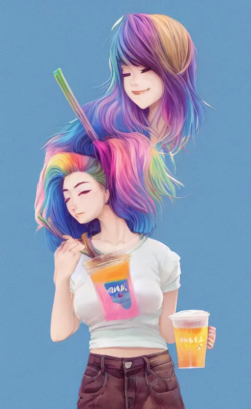 Image similar to a kawaii woman with rainbow hair, happy, summer time, holding boba tea drink, soft eyes and narrow chin, dainty figure, long hair straight down, kawaii shirt and jeans, basic white background, In style of by Jordan Grimmer and greg rutkowski, crisp lines and color