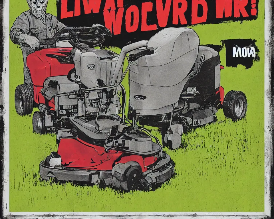 Image similar to a horror movie poster featuring a lawnmower with eyes