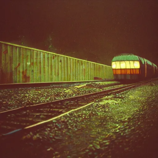 Prompt: 1990s perfect 8K HD professional cinematic photo of a train in dystopian world, at evening during rain, at instagram, Behance, Adobe Lightroom, with instagram filters, depth of field, taken with polaroid kodak portra