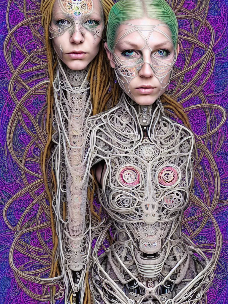 Image similar to full colour beautiful biomechanical female blonde dreadlock cyborg, realistic skin, geometrical octagonal lace tattoos, alexander mcqueen, art nouveau fashion embroidered, futuristic android jones style steampunk, trippy lsd hippie, craftsmanship, intricate silver filigrees, contrast hexagonal mesh wire, mandelbrot fractal mandala, alex grey, giger, hyperreal, photorealistic