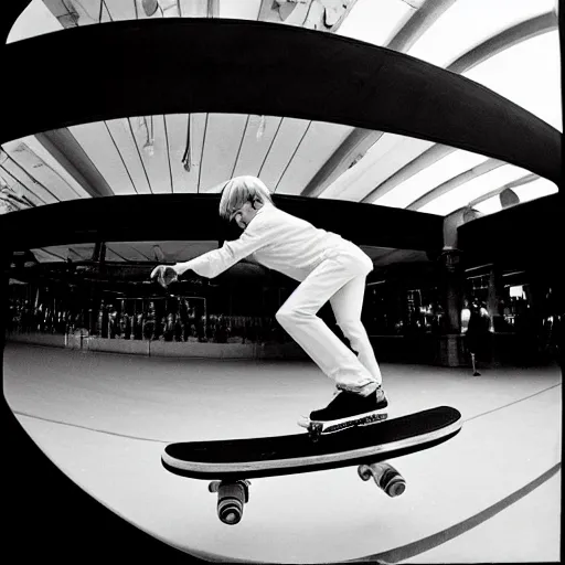 Image similar to “ a highly detailed photo of andy warhol skateboarding, fisheye lens, sharp focus, award winning, 8 k ”