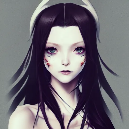 Image similar to facial portrait of a young pretty anime woman, long red hair, dark eyes, gothic eyeliner, character concept art, headshot, Charlie Bowater, Anna Dittmann, WLOP, Rumiko Takahashi, Akihiko Yoshida, Hyung-tae Kim, alexander mcqueen, trending on Artstation