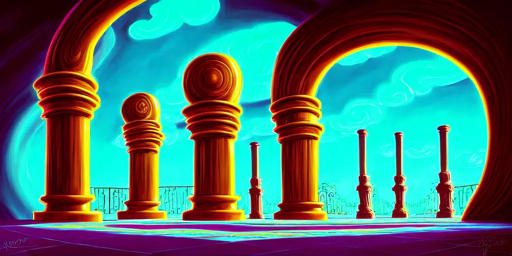 Prompt: curled perspective digital art of curly clouds casino door with marble columns by anton fadeev from nightmare before christmas