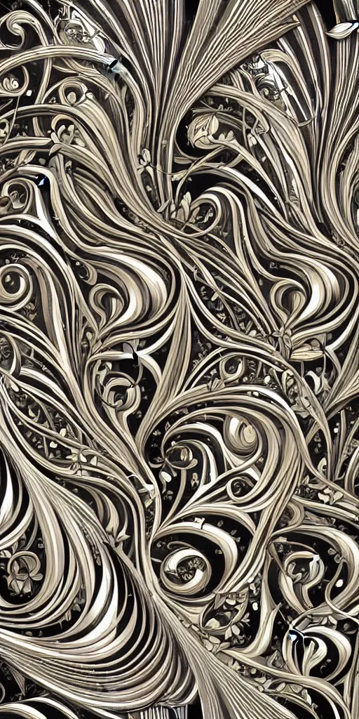 Prompt: the source of future growth dramatic, elaborate emotive Art Nouveau styles to emphasise beauty as a transcendental, seamless pattern, symmetrical, large motifs, hyper realistic, 8k image, 3D, supersharp, Flying shiny silk fabric in curves spirals and swirls, iridescent and black and silver colors , perfect symmetry, iridescent, High Definition, sci-fi, Octane render in Maya and Houdini, light, shadows, reflections, photorealistic, masterpiece, smooth gradients, no blur, sharp focus, photorealistic, insanely detailed and intricate, cinematic lighting, Octane render, epic scene, 8K