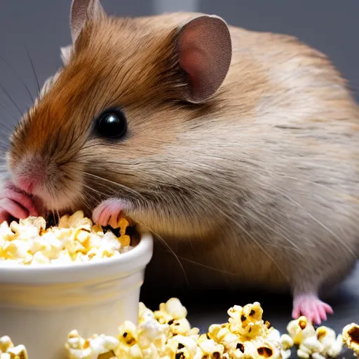 Image similar to photo of a hamster eating popcorn from a bucket of popcorn, various poses, unedited, soft light, sharp focus, 8 k