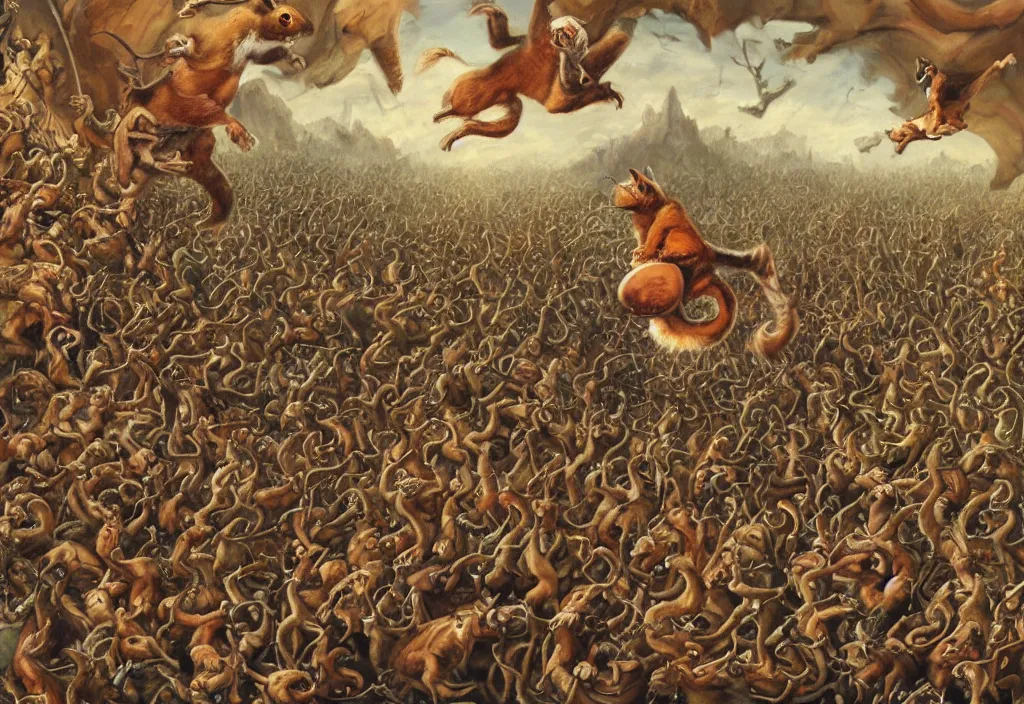 Image similar to a painting of the squirrel king fighting a vast horde of demons