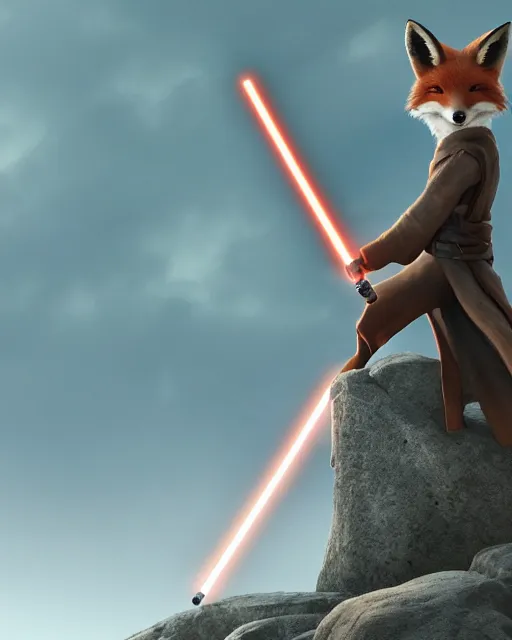 Prompt: one single anthropomorphic fox jedi holding one single lightsaber, posed on a rock. Digital illustration, very vibrant colors, soft lighting, adventurous, atmospheric lighting, 8K, octane render. By Makoto Shinkai, Stanley Artgerm Lau, WLOP, Rossdraws, James Jean, Andrei Riabovitchev, Marc Simonetti, krenz cushart, Sakimichan, D&D trending on ArtStation, digital art.