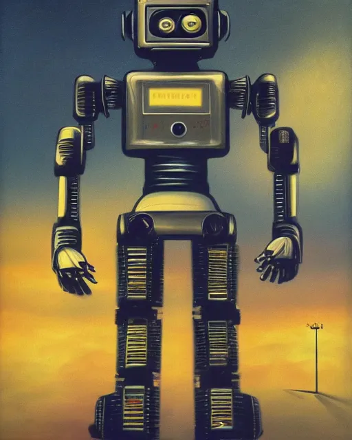 Image similar to a robot made of 8 0 s era technology, vintage shapes, retro technology, vintage color, wayne barlow, oil on canvas, deep depth of field, masterpiece, cinematic composition, hyperdetailed