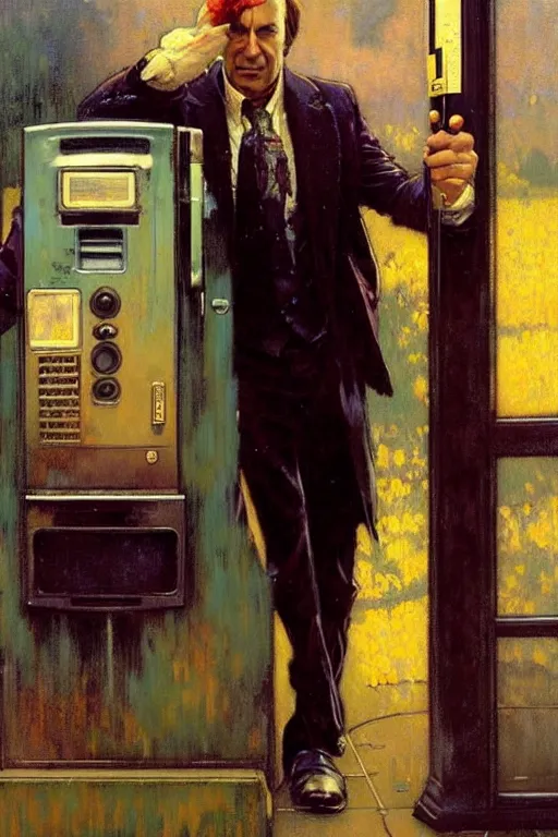 Image similar to saul goodman at a payphone, painting by'phil hale '!!! gaston bussiere, craig mullins, greg rutkowski, alphonse mucha, lady liberty