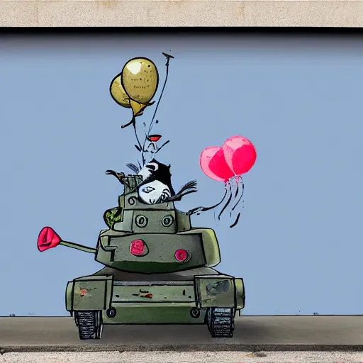 Prompt: A rat riding a tank shooting balloons, in the style of Banksy