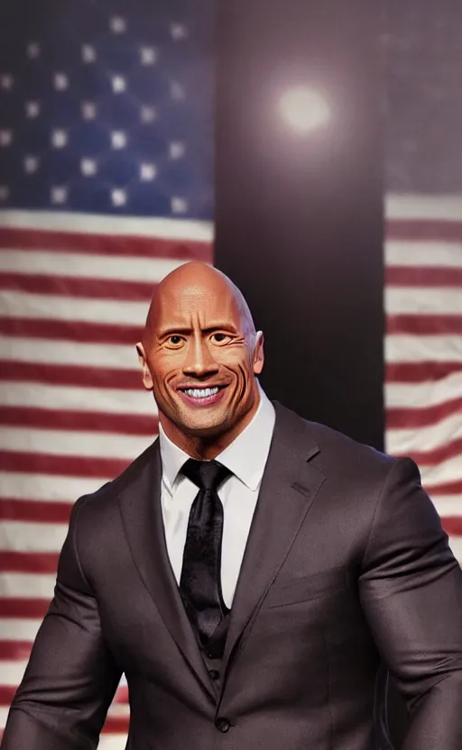 Image similar to dwayne johnson wearing a suit as the president of the united states, dynamic lighting, photorealistic fantasy concept art, trending on art station, stunning visuals, creative, cinematic, ultra detailed