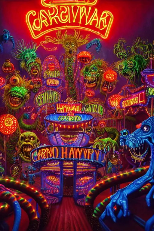 Image similar to a hyperrealistic detailed painting of an ornate carnival with glowing lights, colorful, chimeric mutant horror creatures riding a rollercoaster. scary funhouse, cinematic lighting, depth perspective, depth of field, cinematic angle, by chris cunningham and richard corben, highly detailed, vivid color,