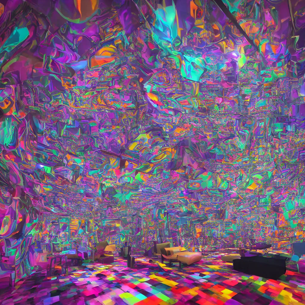 Prompt: inside a modern ai artists room with psychedelic walls and whimsical furniture with large windows overlooking a metropolis, perfect symmetry, super focus, 8 k, cinematic lighting, techie, mechanical, fractal, relaxing