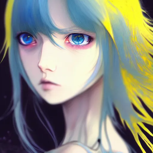 Image similar to attractive yellow eye color long blue - haired girl with bangs gothic anime character, fantasy, screenshot, anime, sharp focus, intricate, illustration, cell shaded, digital painting, highly detailed, concept art, matte, art by ilya kuvshinov and kyoto animation and wlop, and greg rutkowski, studio quality, james jean, artem demura